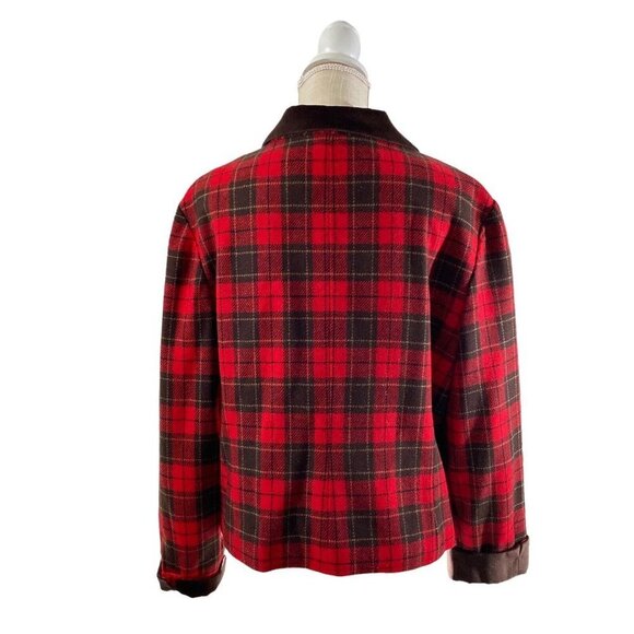 Liz Sport Red Black Plaid 5-Button Wool Blazer Sz 14P Brown Contrast Jacket EUC - Picture 6 of 13